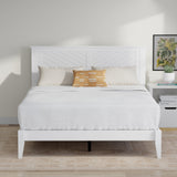 Serene Farmhouse Style Wood Bed Frame in Queen Size with Chevron Scoring Headboard, Coastal Modern Design, Sturdy, Easy Assembly, Ample Underbed Storage, White Finish ComfIQ