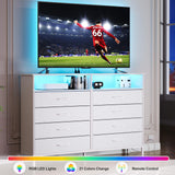 Dresser for Bedroom White Bedroom Dresser with LED Lights and Charging Station, 8 Long Fabric Drawers Dresser, Tall Wide Chest of Drawers Storage Organizer TV Stand for up to 60" TV for Living Room SOOWERY
