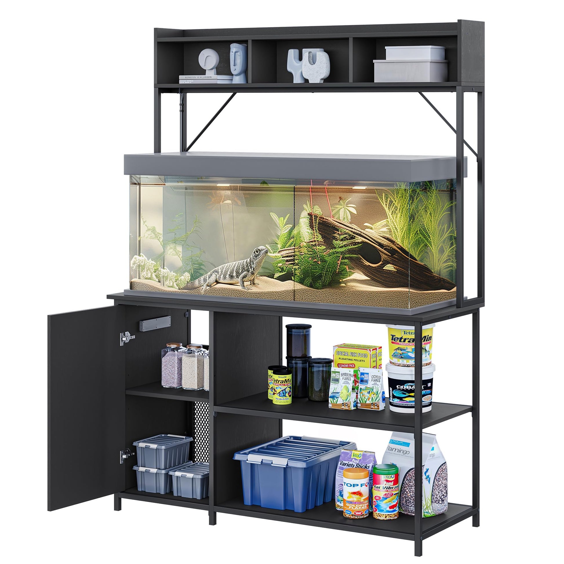 BELLEZE Aquarium Stand with LED Lights 55-90 Gallon, Fish Tank Stand with Heavy Duty Metal Fluted Storage Cabinet and Power Outlets, 1200 LBS Capacity,Fish Turtle Tank Compatible, Black Ebony - WoodArtSupply