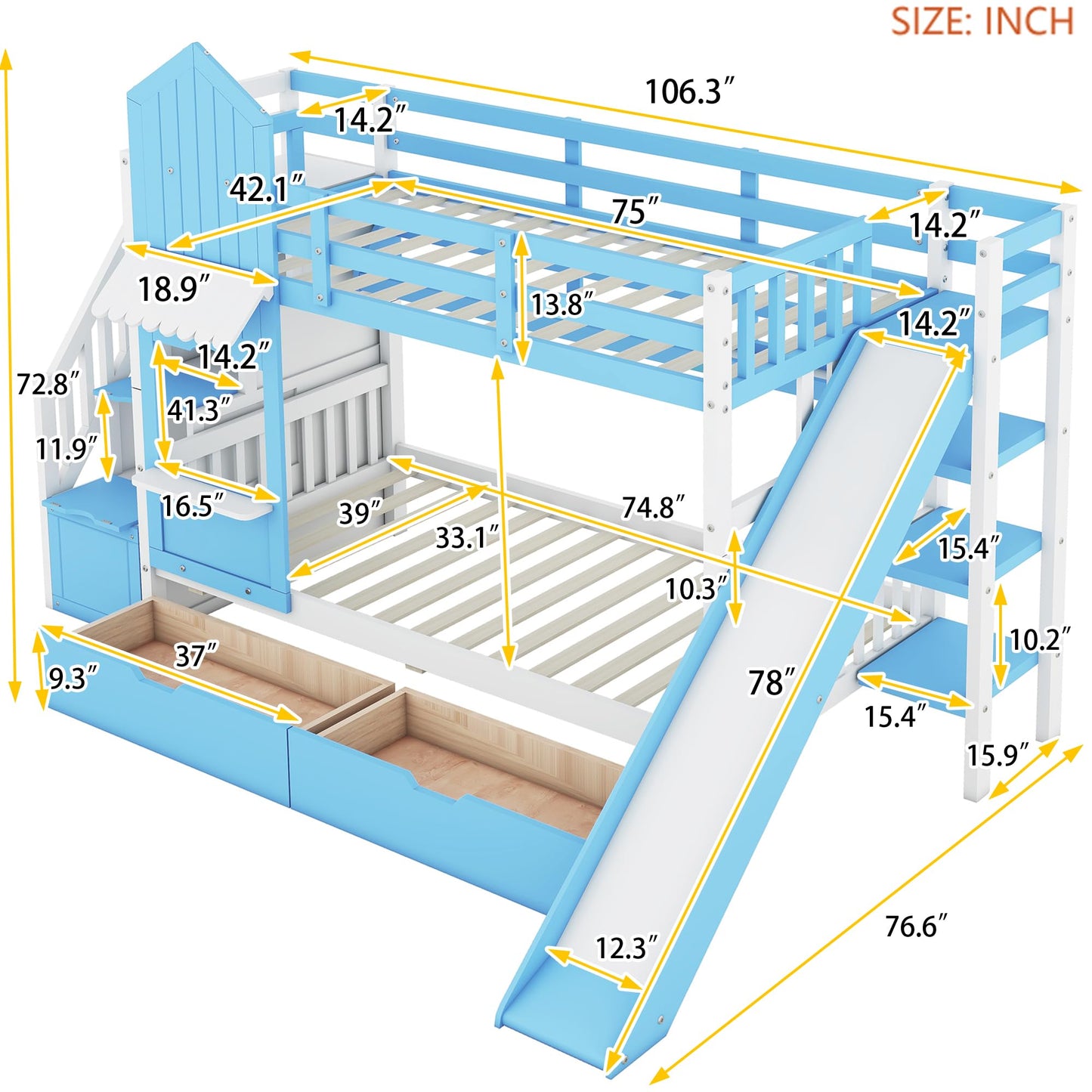 Harper & Bright Designs Twin Over Twin Bunk Bed with Stairs and Slide, Solid Wood Bunk Bed Frame with Storage Drawers and Bookshelf, for Kids Teens Girls Boys (Blue)