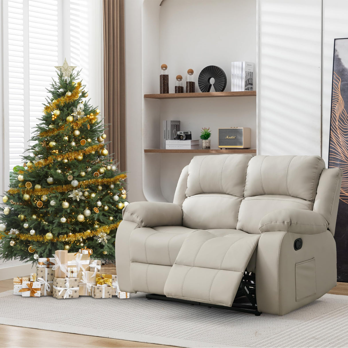 GNMLP2020 Reclining Loveseat Sofa Leather Recliner Couch 2 Seater Sofa for Living Room, Home Theater Seating(Loveseat,Beige) GNMLP2020