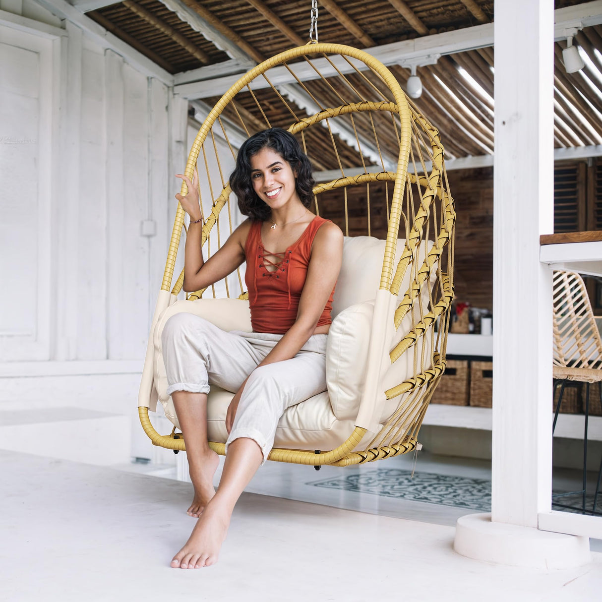 YITAHOME Hanging Egg Chair Without Stand, Rattan Wicker Swing Egg Chair with Resistant Cushion, 300lbs Capacity, Foldable Hanging Basket Chair for Porch, Garden, Bedroom, Balcony - Beige YITAHOME