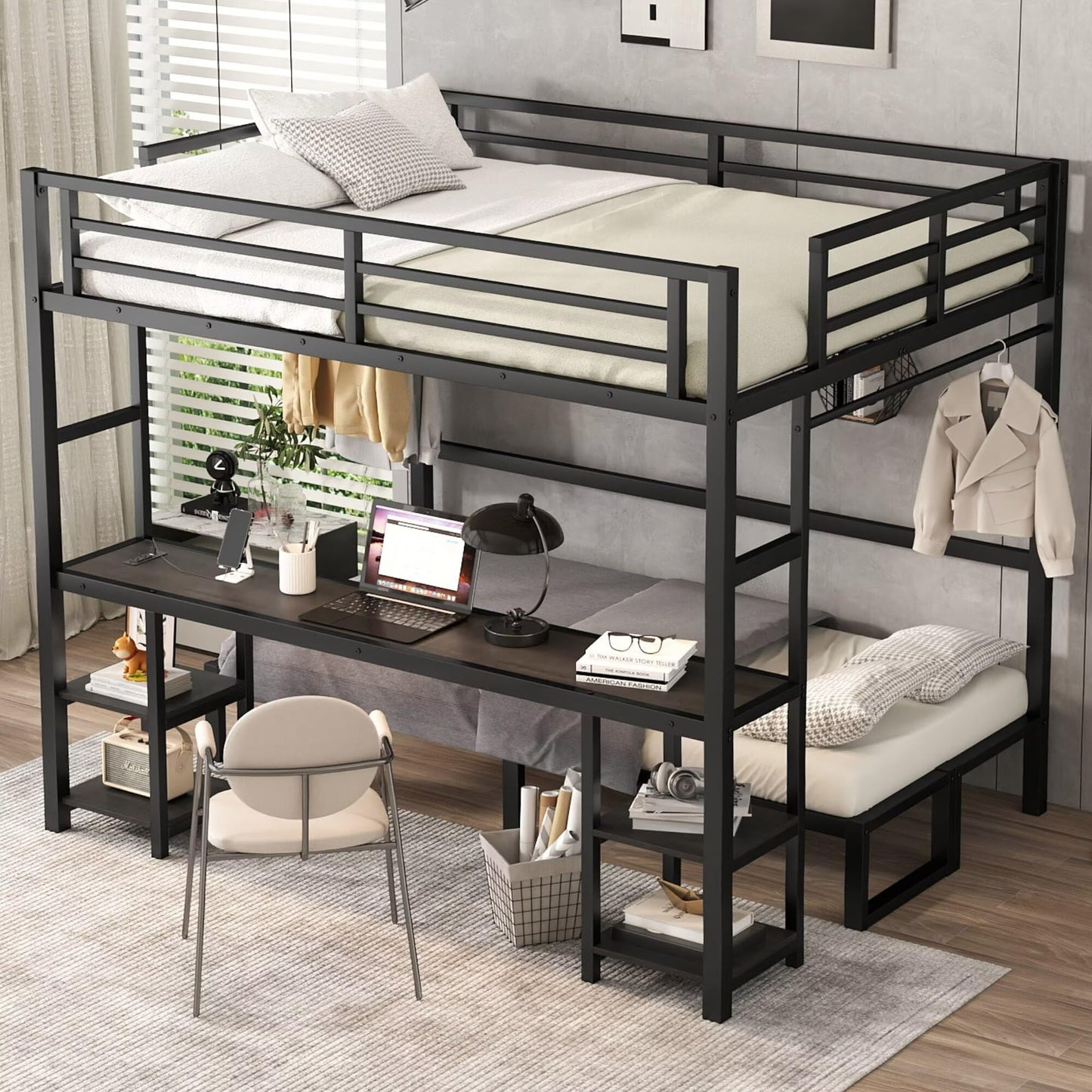 JIJIWANG Queen Over Twin XL Metal Bunk Bed/Loft Bed with Desk and Shelves, Multiple Uses Folds into Sofa with LED and USB, Safety Guard & Ladder, No Box Spring Needed, Black