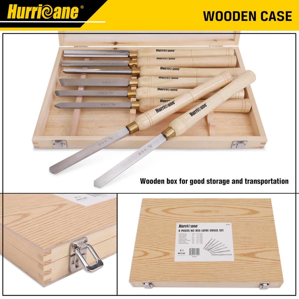 HURRICANE Wood Lathe Chisel Set, 8pc HSS Wood Lathe Turning Tools, Woodworking Lathe Tools with Wooden Box HURRICANE