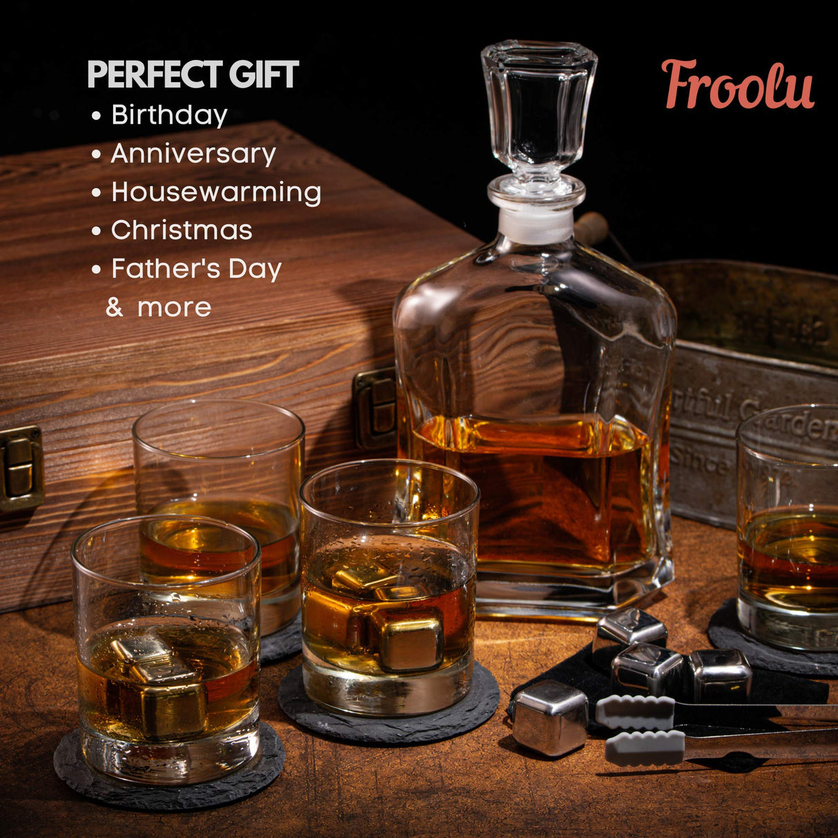 Whiskey Decanter Set in Wooden Gift Box - Includes Decanter, 4 Scotch Glasses, 4 Natural Slate Coasters, 8 Chilling Stones & Rubber Grip Tongs - Great Mens Home Bar Gift for Him, Husband, Dad Froolu
