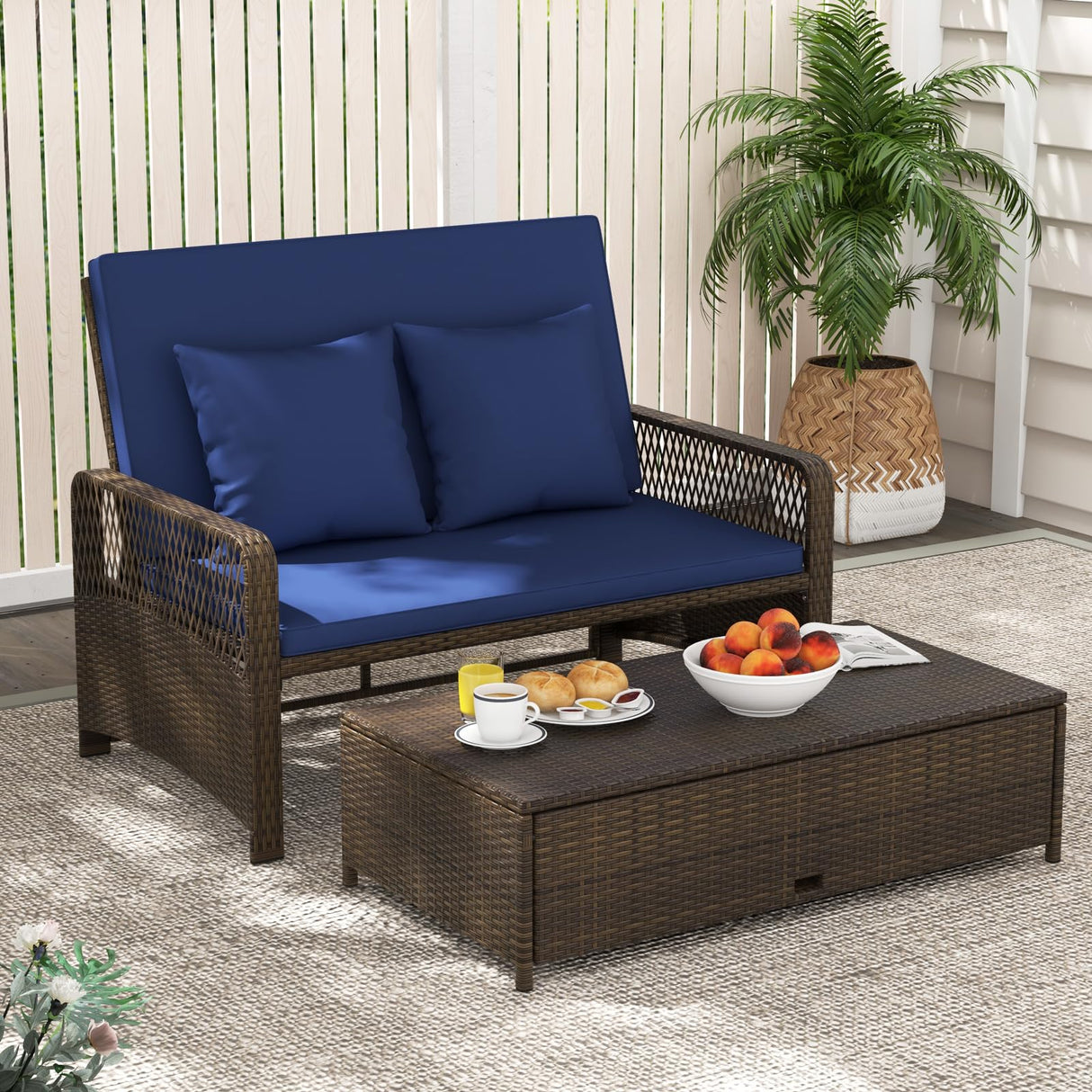 Tangkula Patio Adjustable Wicker Daybed, Rattan Loveseat & Storage Ottoman w/ 4-Level Backrest & Soft Cushions, Space-Saving 2-Person Sun Lounger for Backyard, Porch (Navy) Tangkula
