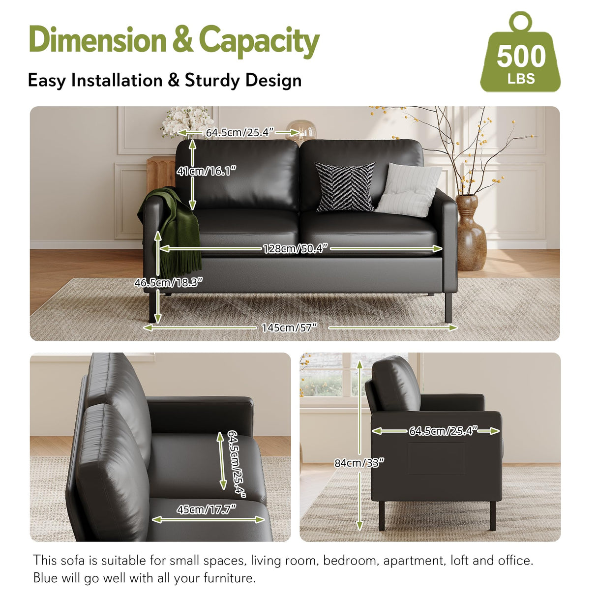 STHOUYN 56" W Faux Leather Loveseat w/ 2 USB, Black Love Seat w/Side Pockets, Small Loveseat for Small Space, Leather Couch for Bedroom, Apartment, Dorm, Black STHOUYN