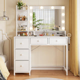 EnHomee White Vanity Desk with Mirror and Lights, Vanity Desk with 5 Fabric Drawers & Power Outlet, 3 Lighting Modes Adjustable Brightness, Bedroom Dressing Table, White EnHomee