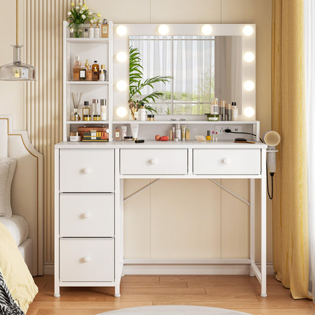 EnHomee White Vanity Desk with Mirror and Lights, Vanity Desk with 5 Fabric Drawers & Power Outlet, 3 Lighting Modes Adjustable Brightness, Bedroom Dressing Table, White EnHomee