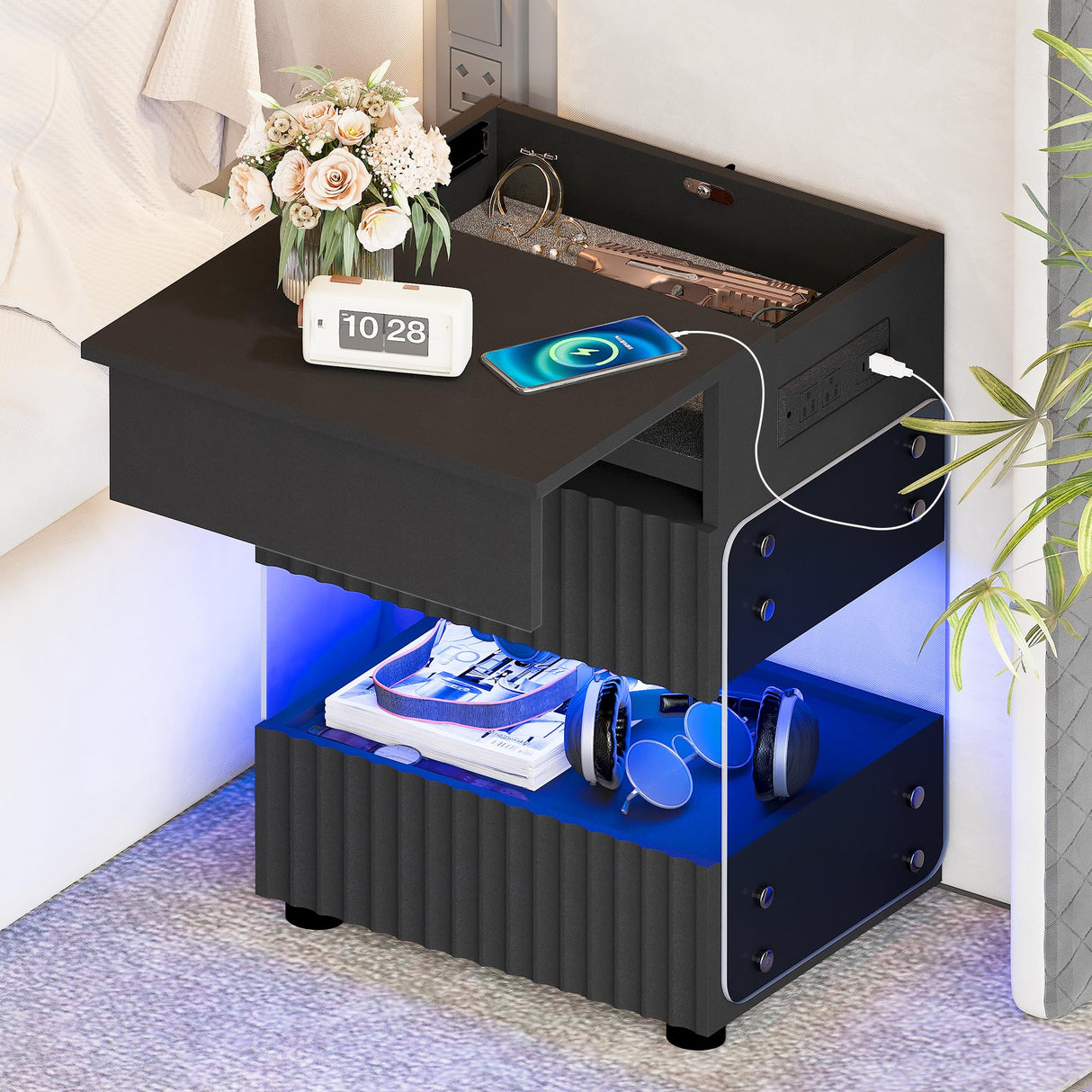 STHOUYN Bedroom LED Nightstand with Gun Drawers, Black Modern Night Stand with USB & Type-C Charging Station, Smart Nightstand Noght Stand, Bedside Table Gun Safe Side End Tables Office (1, Black) STHOUYN