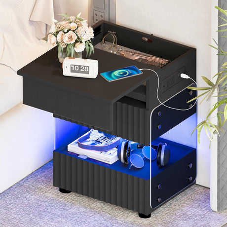 STHOUYN Bedroom LED Nightstand with Gun Drawers, Black Modern Night Stand with USB & Type-C Charging Station, Smart Nightstand Noght Stand, Bedside Table Gun Safe Side End Tables Office (1, Black) STHOUYN