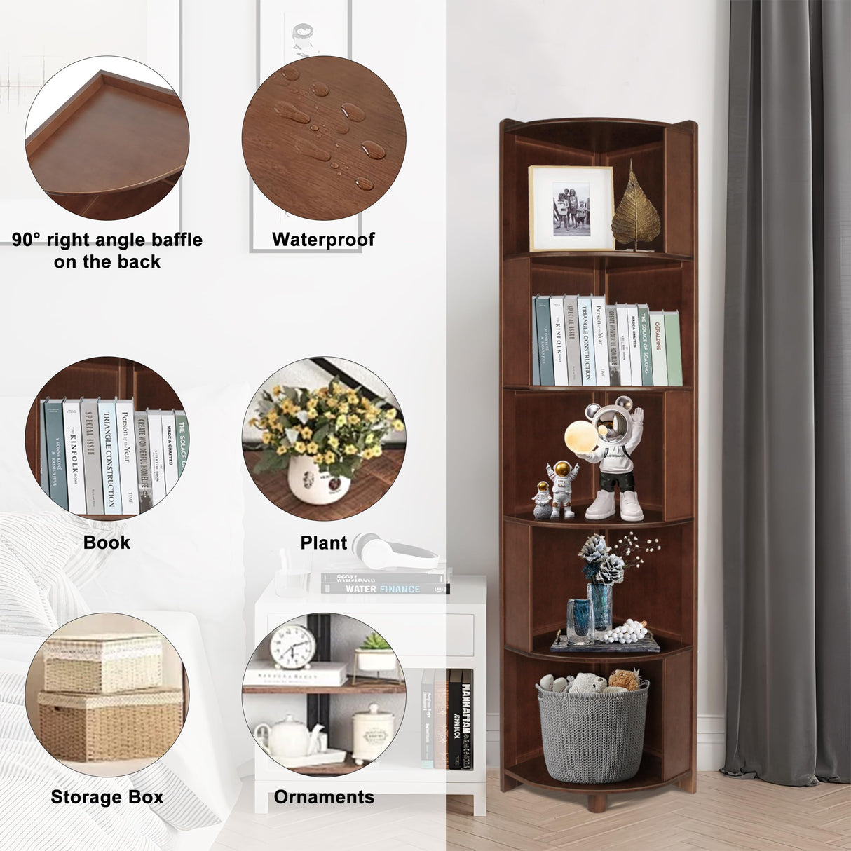 DOUSY-5 Tier Bamboo Corner Shelf, Mid Century Modern Corner Bookshelf, 69" Tall Stylish Bookcase Display Rack Plant Stand for Living Room, Bedroom, Home Office, Kitchen, Walnut DOUSY