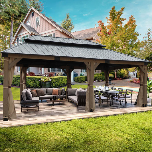 CHARMELEON 12'x20' Cedar Wood Gazebo Hardtop - Wooden Gazebos with Dual Metal Roof - Permanent Outdoor Gazebo - Large All Weather Patio Gazebo for Backyard, Deck & Garden - with Curtains & Ne - WoodArtSupply