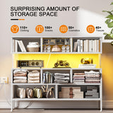 REAHOME Dresser TV Stand with Charging Station and LED Lights, 55” TV Stand with 9 Drawers, Fabric Dresser for Bedroom, Steel Frame, Large Storage Chest of Drawers for Closet, Living Room, White REAHOME