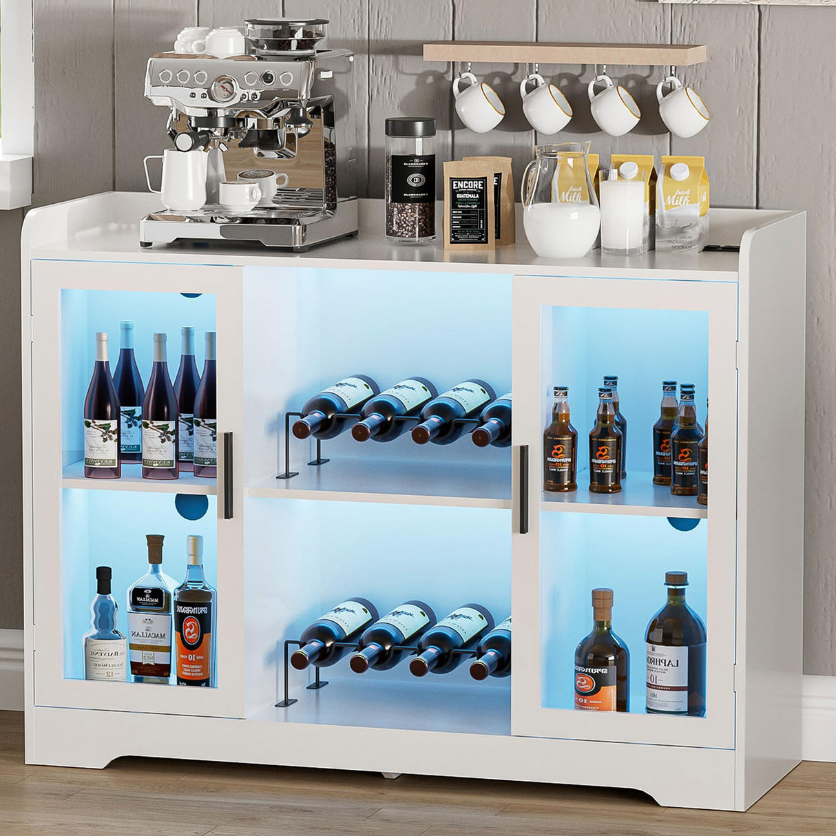 Ludatido Wine Bar Cabinet for Home, Liquor Cabinet with LED Lights, Power Outlet, Storage, Glass Door for Living Room, Dining Room, Home Bar - White Ludatido