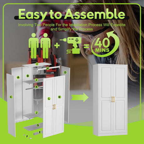 UNICOLY Armoire Wardrobe Closet with Doors, 71'' Wardrobe Cabinet with Hanging Rod, Metal Closet with 2 Adjustable Shelves for Bedroom School, Employee, Gym, Armarios De Ropa para Dormitorio, White UNICOLY