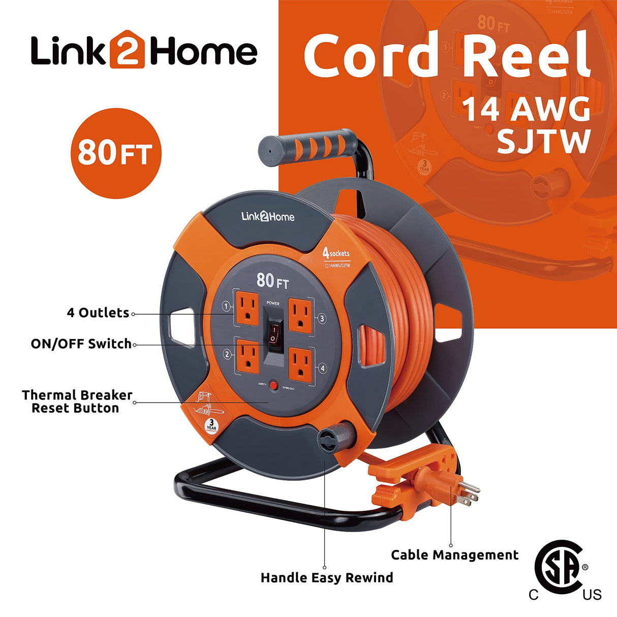 Link2Home Cord Reel 80 ft. Extension Cord 4 Power Outlets – 14 AWG SJTW Cable. Heavy Duty High Visibility Power Cord. Link2Home