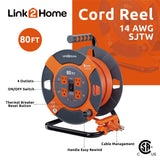 Link2Home Cord Reel 80 ft. Extension Cord 4 Power Outlets – 14 AWG SJTW Cable. Heavy Duty High Visibility Power Cord. Link2Home