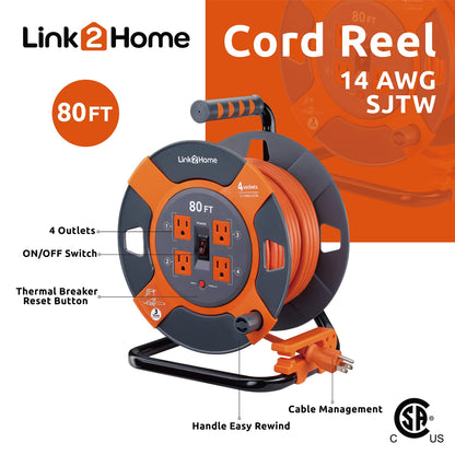 Link2Home Cord Reel 80 ft. Extension Cord 4 Power Outlets – 14 AWG SJTW Cable. Heavy Duty High Visibility Power Cord. - WoodArtSupply