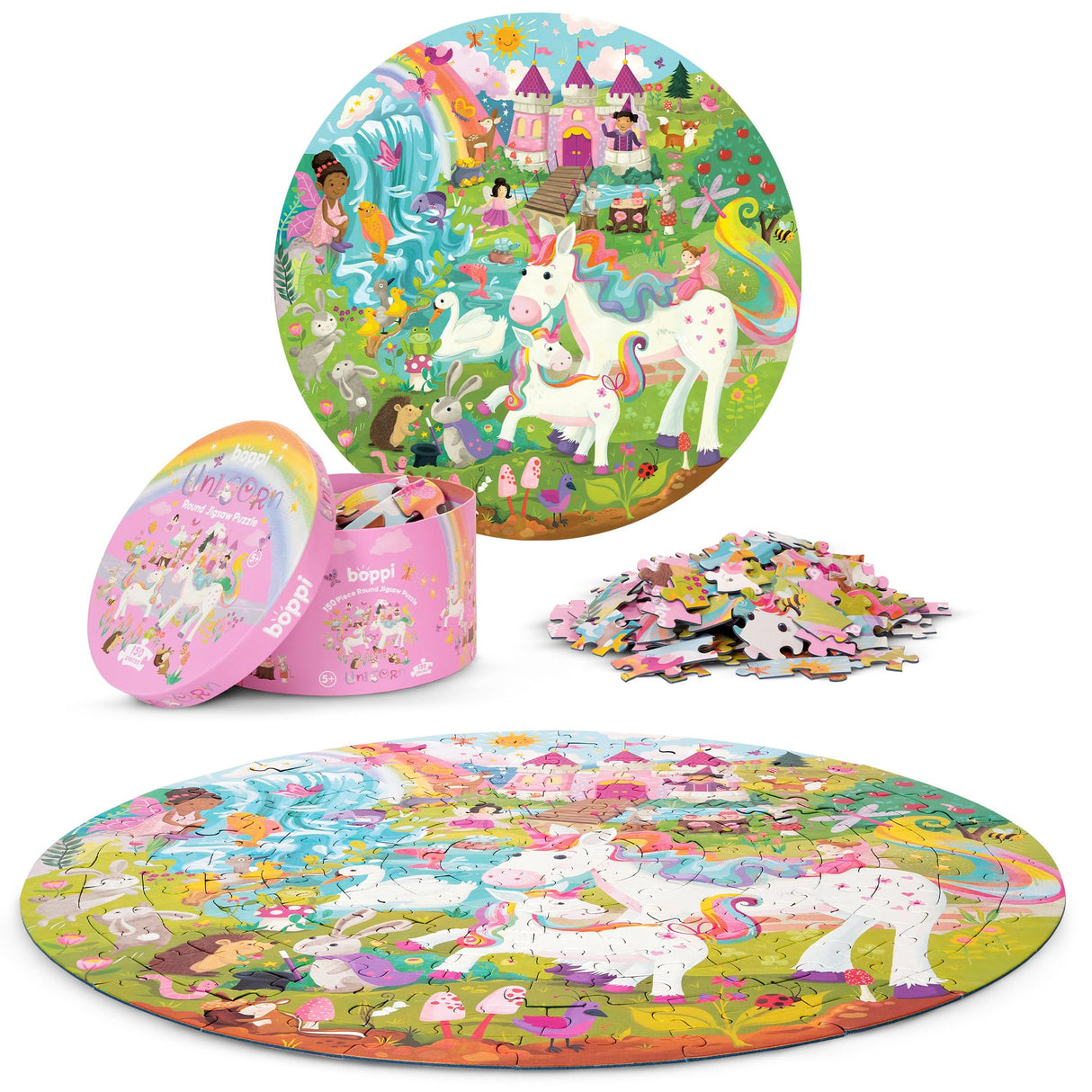Unicorn Jigsaw Puzzle for Kids Ages 5-8 - 150 Piece Round Unicorn Kids Puzzles - Princess Puzzle with Fairies and Animals Made with 100% Recycled Card by boppi boppi