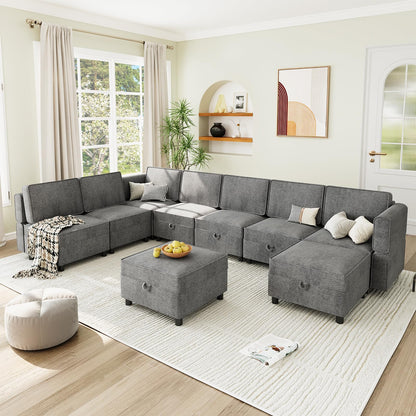 139.4" Chenille Reversible Sectional Sofa with Storage Seats & Ottomans, 9-Seater Modular Sectional Sofa, Comfy Sectional Sleeper Sofa Couch with Chaise, U-Shape Modular Couch, Grey