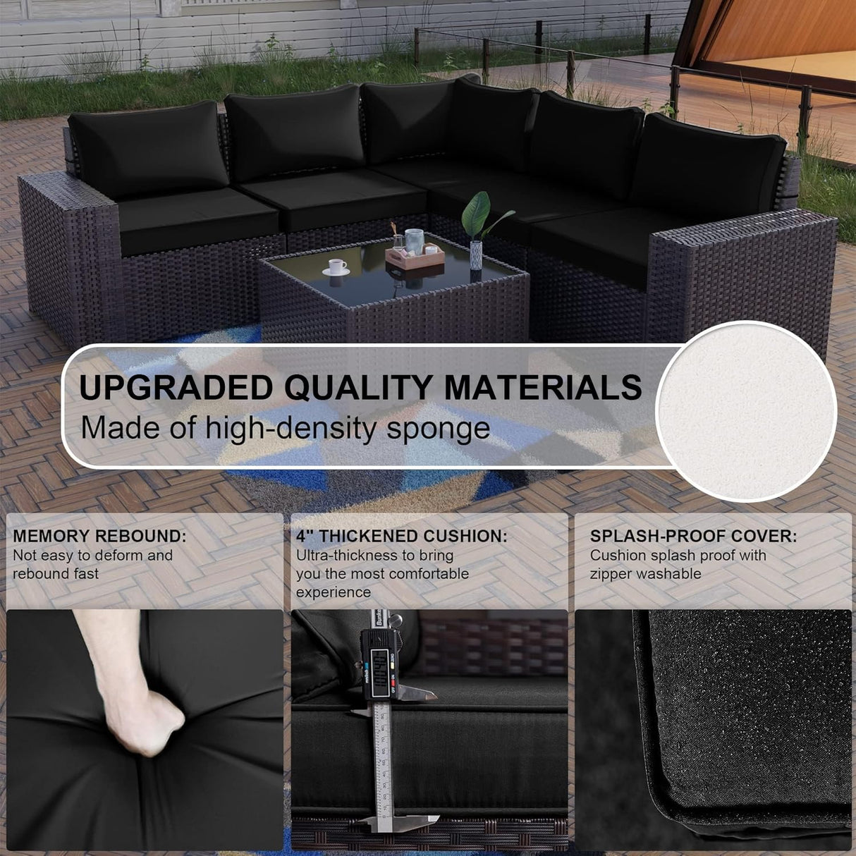 Kullavik 6PCS Outdoor Patio Furniture Set PE Wicker Rattan Sectional Sofa Patio Conversation Sets,Black Kullavik