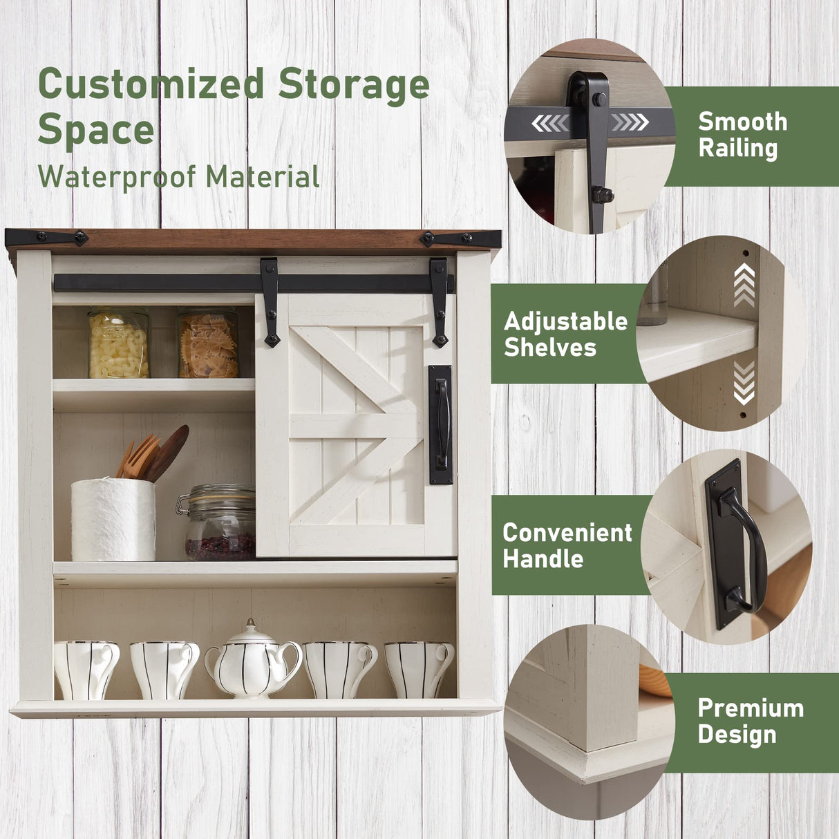 OKD Bathroom Wall Cabinet, Farmhouse Medicine Cabinet with Sliding Barn Door & Adjustable Shelves, Storage Cabinet Wall Mounted for Bathroom, Kitchen, Rustic Oak with Antique White OKD