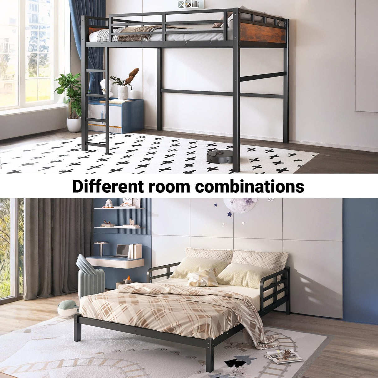 HKOLIE Queen Over Queen Bunk Bed, Convertible Metal Bunk Beds Can Separate into Loft Bed and Platform Bed, Heavy Duty Noise-Free Bed Frame with Safety Rails for Adults Teens Kids, Black HKOLIE