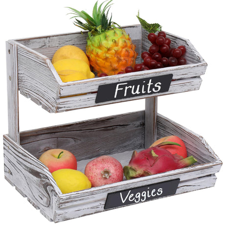 HYLEHE Fruit Basket Holder Vegetable Stand Bread Racks,2 Tier Farmhouse Standing Wooden Organizer,Classic Pastoral Food Basket for Kitchen,Office,Dining Room and Guest Room (Need Assemble) HYLEHE