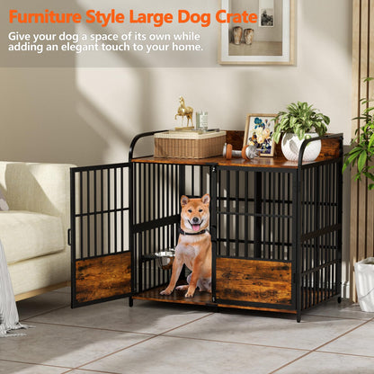 BEURUKU 48 Inch Large Dog Crate Furniture, Dog Kennel Indoor Large Breed with 2 Bowls 360° Adjustable, Dog Cage Table XXL Dog Crates for Large Medium Dogs, 48" L X 30" W X 45" H, Brown - WoodArtSupply