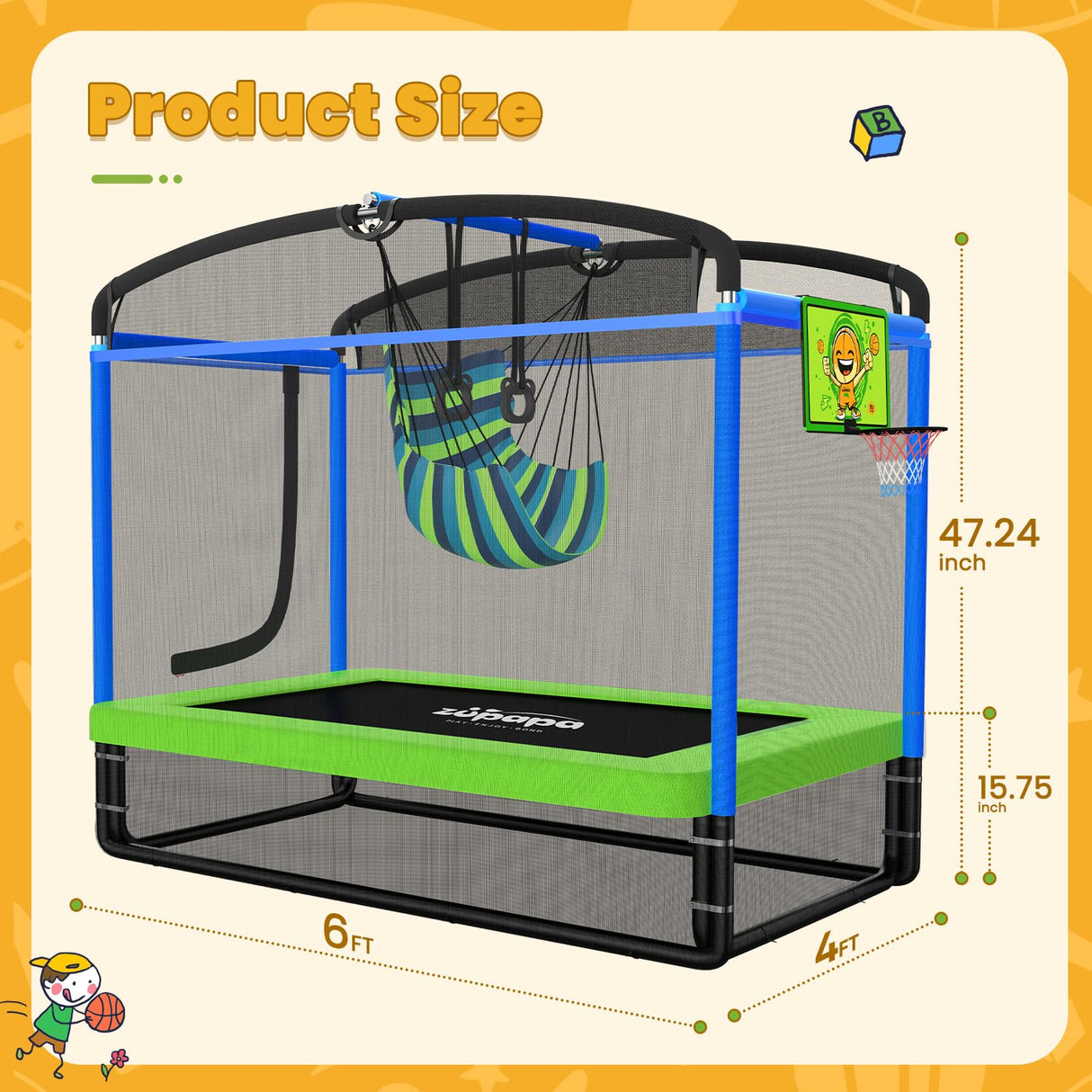 Zupapa 5 in 1 Rectangle Kids Trampoline 6FT with Hammock Chair, Basketball Hoop, and Safety Net - Indoor/Outdoor Heavy-Duty Square Trampoline for Toddlers Ages 3-6, 220LBS Capacity Zupapa