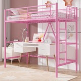 VECELO Loft Bed Twin Size, Metal Bedframe with Removable Ladder and Safety Guardrail, No Box Spring Needed, Space Saving, Noise Free, Pink VECELO