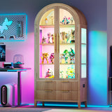 Vlsrka 71" Arched RGB Curio Cabinet with Glass Doors, 4-Shelves Tall Display Cabinet and 2 Drawers, LED Display Case with 20 Lights for Collectibles/Book/Medal/Figure, Wood Color Vlsrka