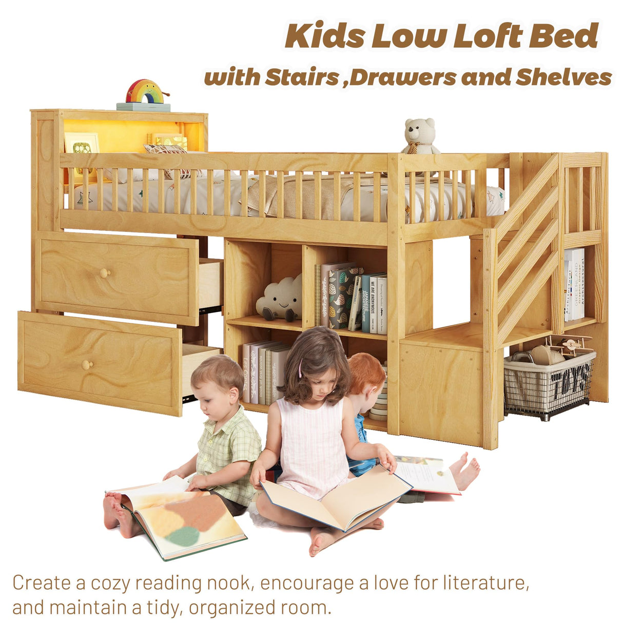 Low Loft Bed with LED Lights and Bookshelf, Wooden Kids Loft Bed with Stairs and Safety Guardrail, Low Loft Bed Twin with 2 Storage Drawers and Shelves for Girls Boys,No Box Spring Needed, Natural Mirightone