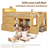 Low Loft Bed with LED Lights and Bookshelf, Wooden Kids Loft Bed with Stairs and Safety Guardrail, Low Loft Bed Twin with 2 Storage Drawers and Shelves for Girls Boys,No Box Spring Needed, Natural Mirightone