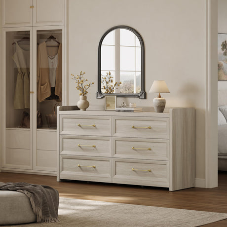 SICOTAS 6 Drawer Dresser for Bedroom-56.4" Extra-Wide Wooden Chest of Drawers with Large Storage, Long Dresser TV Stand with Drawers, Farmhouse Closet Dressers for Nursery Living Room, Grey White Oak SICOTAS