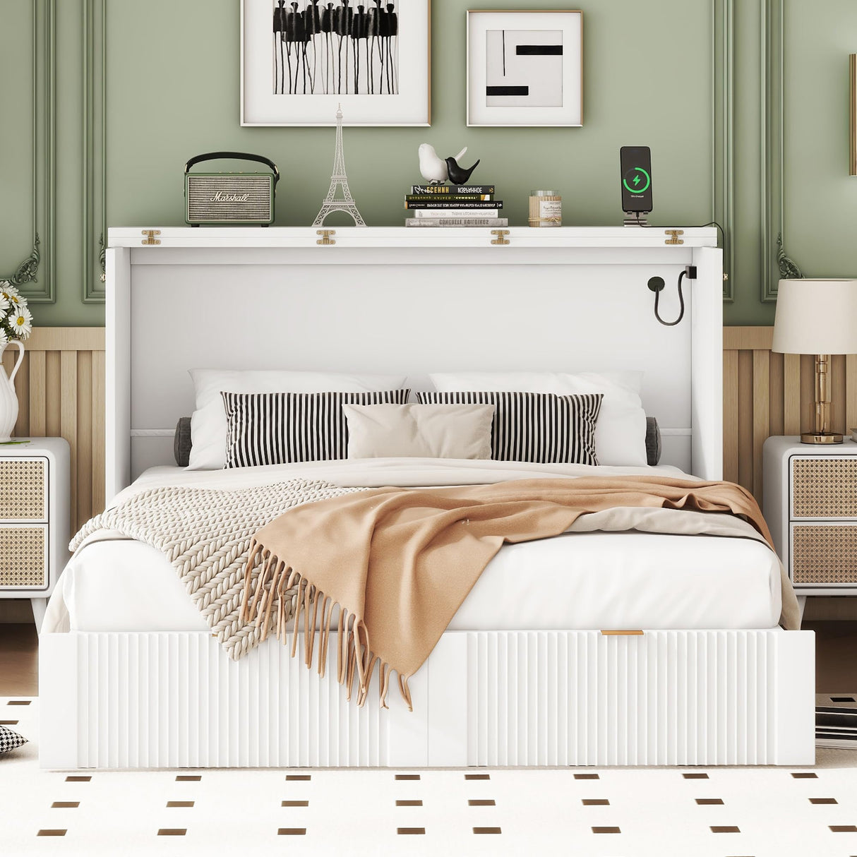 Harper & Bright Designs Full Size Murphy Bed Wall Bed with Storage Drawers and a Set of Sockets & USB Ports, Pulley Structure Design, Space-Saving for Multipurpose Guest Room or Home Office, White Harper & Bright Designs