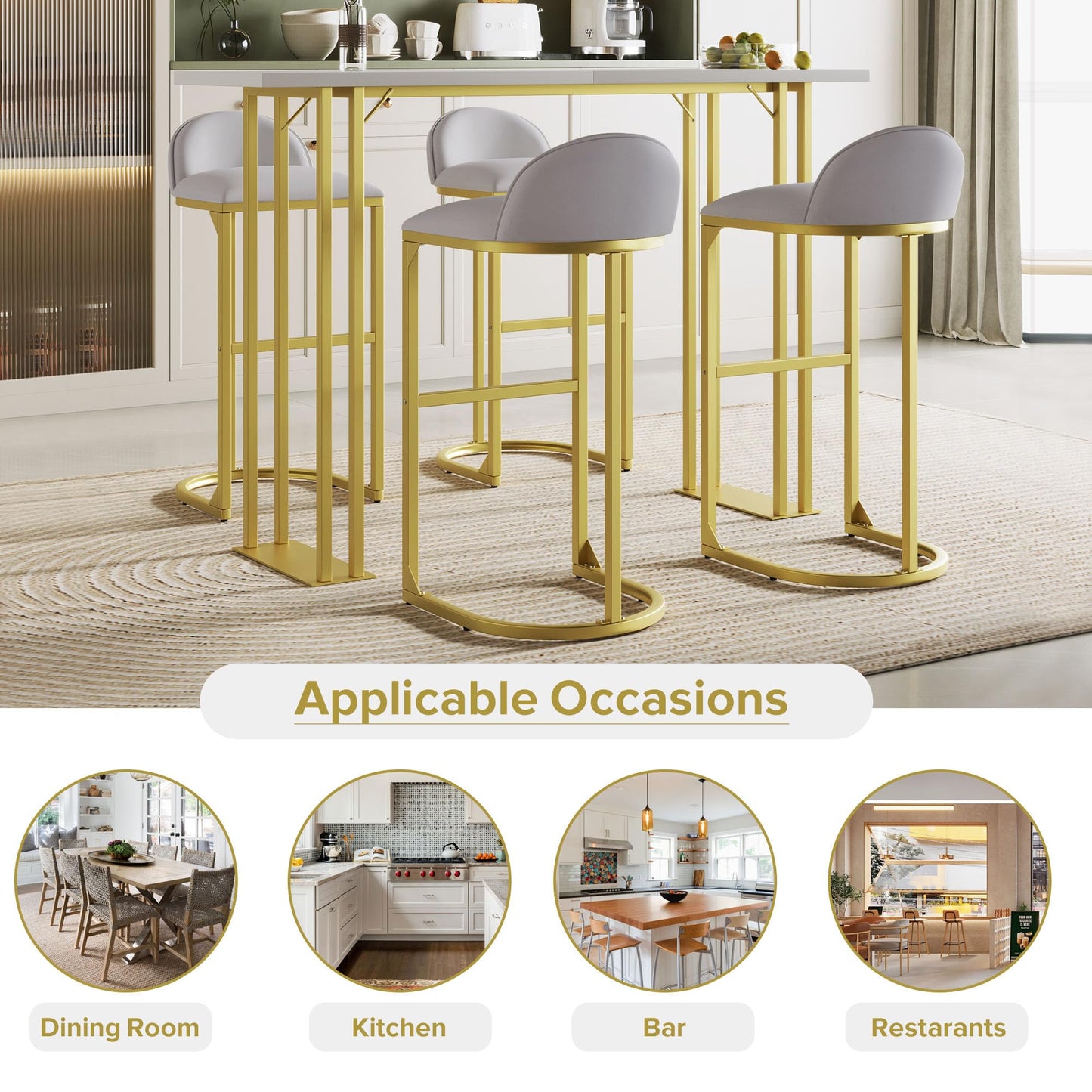 Industrial Gold Bar Table Set with 4 Velvet Stools for Small Spaces