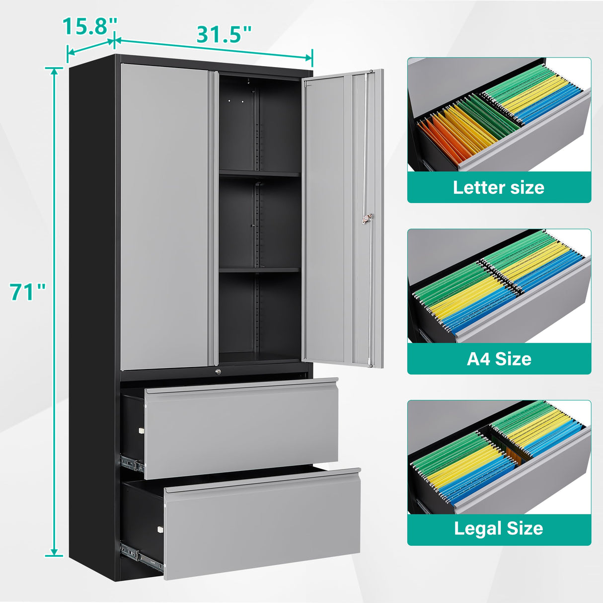 SISESOL Metal Storage Cabinet with Drawers, 71" File Cabinets for Home Office, Locking Steel Storage Cabinet with Doors and Shelves for Home, Office, Warehouse, Garage, School (Gray, 2 Drawers) SISESOL
