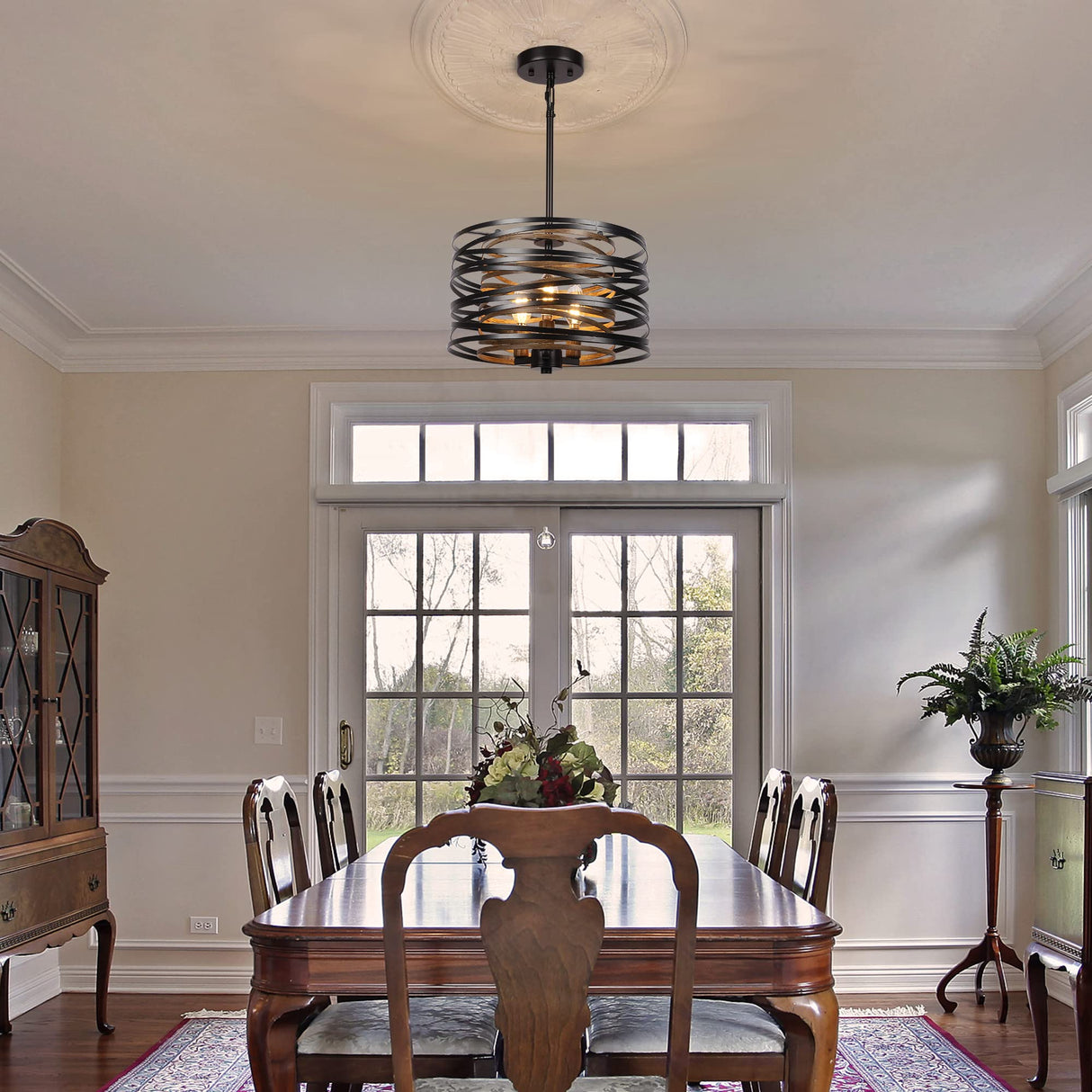 12.6'' Farmhouse Chandeliers for Dining Room, 3-Light Industrial Metal Hanging Light Fixture, Rustic Drum Pendant Light for Entryway Kitchen Foyer Bedroom, Black with Retro Wood Texture Interior ACNKTZ