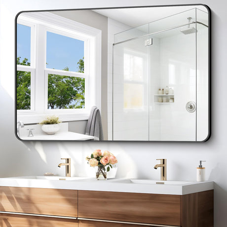 55x36 inch Bathroom Mirror,Black Rectangle Mirror,Wall Mounted Bathroom Frame Vanity Mirror with Round Corner for Bedroom Living Room, Entryway Hangs Horizontal or Vertical BONEWEI