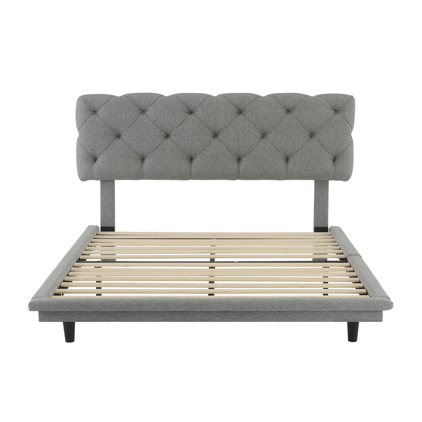 Bellemave Floating Platform Bed Frame in Grey with Button-Tufted Headboard and Illuminating Stripe - WoodArtSupply