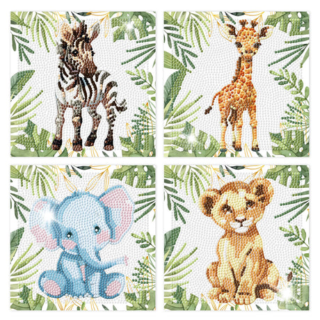 Cheerupp 4 Pcs Watercolor Jungle Animal Diamond Art Kits for Kids, Cute Safari Animal DIY Creative Diamond Art Sticker Craft By Number for Adults Beginner, Full Round Drill Gem Art for Home Wall Decor Cheerupp