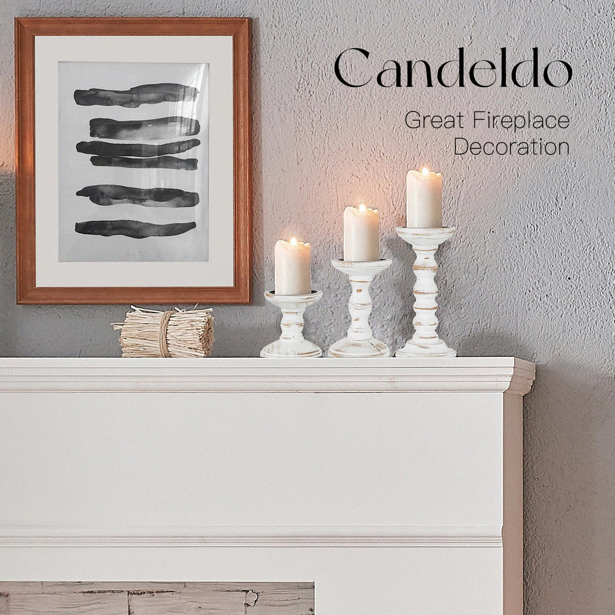 Candeldo Wood Candle Holders for Pillar: Rustic Candles Holder Set of 3 Tall Table Centerpiece Decor Wooden White Farmhouse Candle Stands for Fireplace Mantle Decorations Candeldo