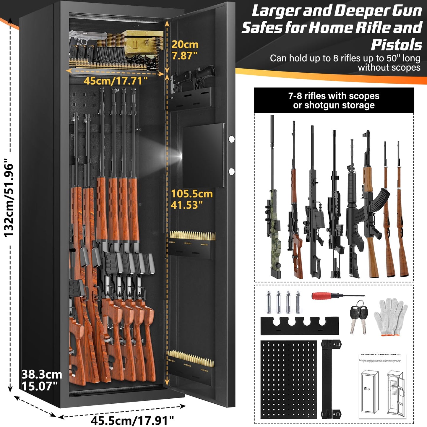 [Upgraded] 6-8 Fireproof Gun Safe Rifle, 51" Deeper and Larger Long Gun Safes for Home, Heavy Duty Anti-Theft Gun Cabinets for Rifles with 3 Pistol Rack & Silent Mode (Us Stock) - WoodArtSupply