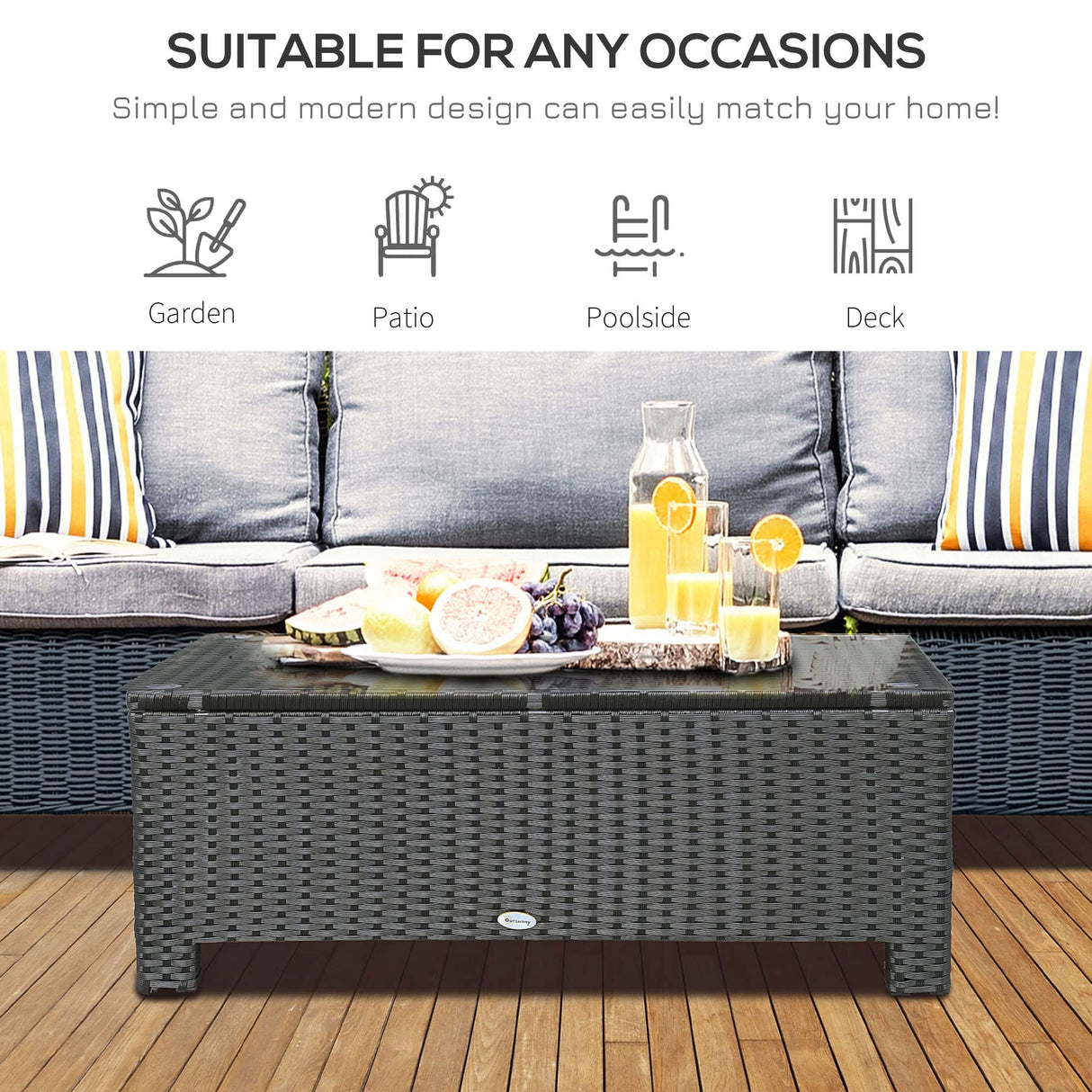 Outsunny Patio Furniture, Wicker Coffee Table, Hand-Woven PE Rattan Side Table with a Tempered Glass Top, 33.5" x 19.75", Black Outsunny