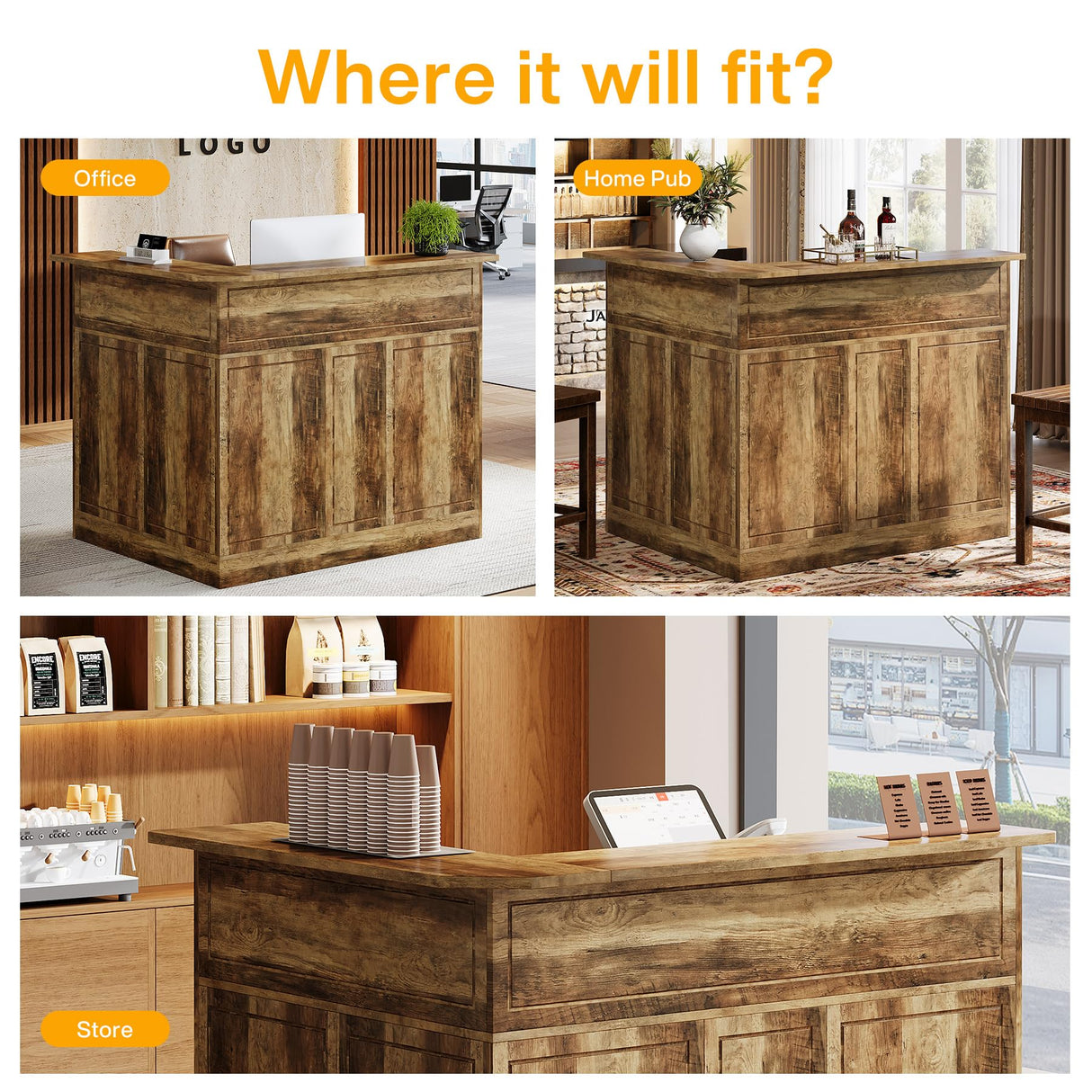 Tribesigns Reception Desk with Storage Shelves, L-Shaped Modern Front Desk, Reception Counter Table for Small Office, Salon, Checkout Office (Brown) Tribesigns