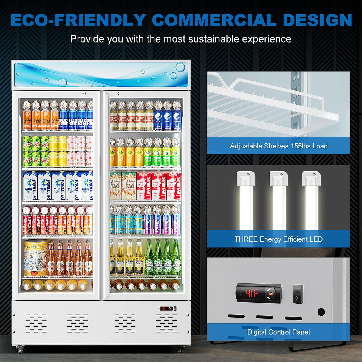 40 Cu.ft Commercial Beverage Refrigerators Glass Door Refrigerator Commercial with LED Light and 10 Shelves, Display Refrigerator for Restaurant Store Cafe Bar, ETL/NSF Approved, White ECEVT