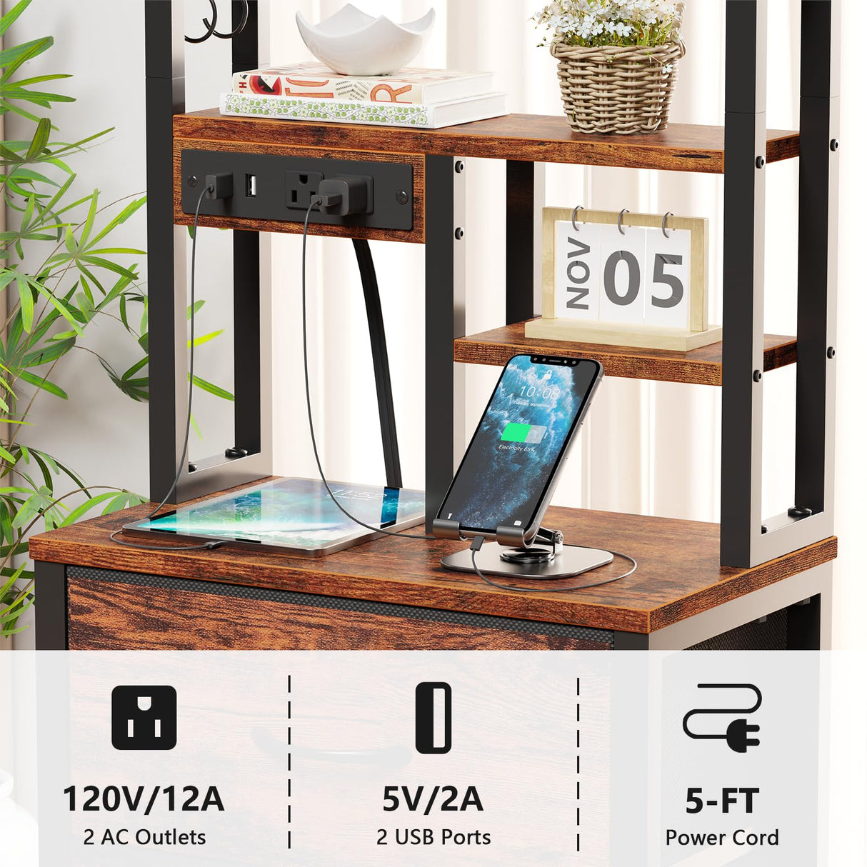 Furnulem Tall Night Stand with LED & USB Ports, 45.3inch Nightstand with Open Bookshelf, Bedside Table with 3 Fabric Drawers for Bedroom/Dorm/Office, Rustic Brown Wood-Metal Frame Furnulem