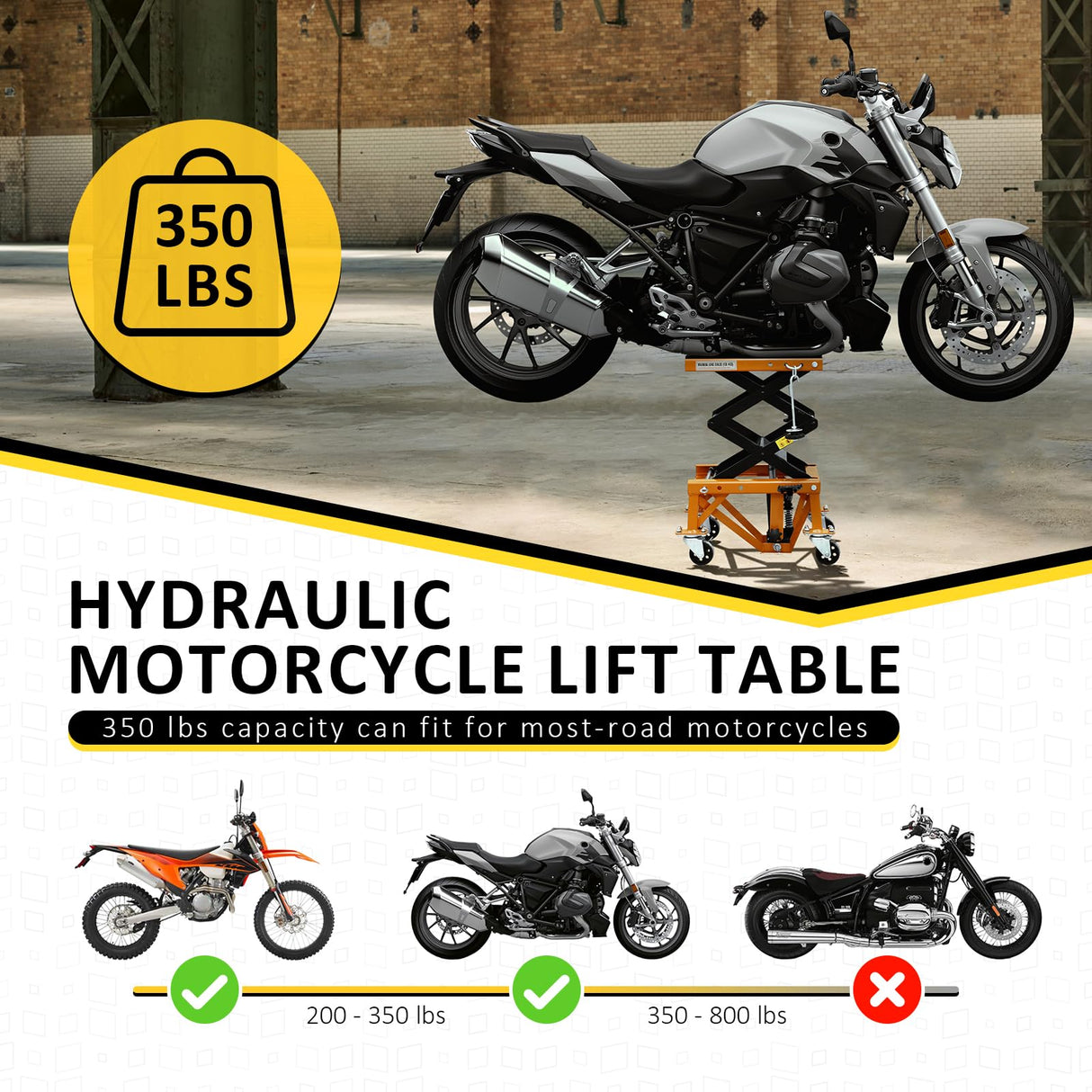 PENSUN Hydraulic Motorcycle Lift Table, 350 LBS Heavy Duty Ultra-Stable Motorcycle Scissor Jack Stand Fit for Motorcycle Dirt Bike ATV Motorcycle Bike, with Deck, J-Hooks, 4 Wheels PENSUN